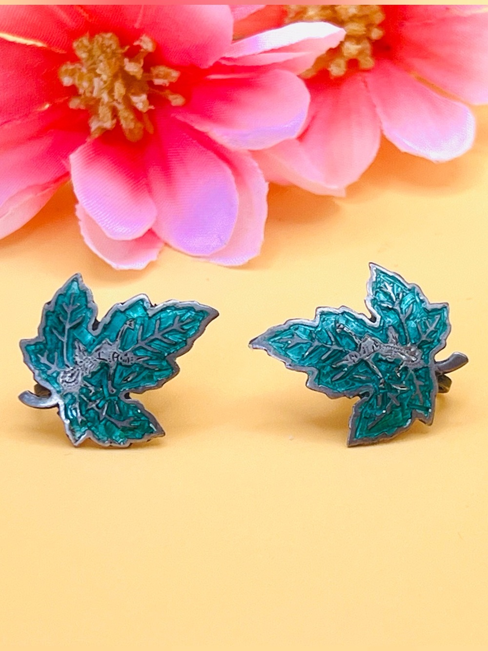 Sterling Silver and Green enamel Leaf screw on Earrings
